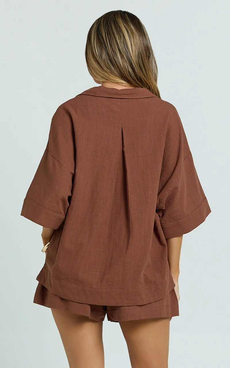 Saina Two Piece Set - Button Through Shirt and Drawstring Shorts Set in Chocolate