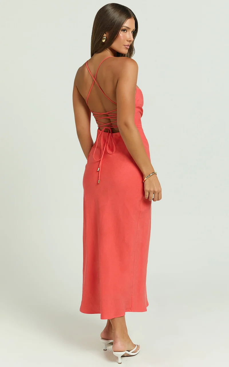 Evangeline Midi Dress - Square Neck Cross Back Bias Dress in Coral