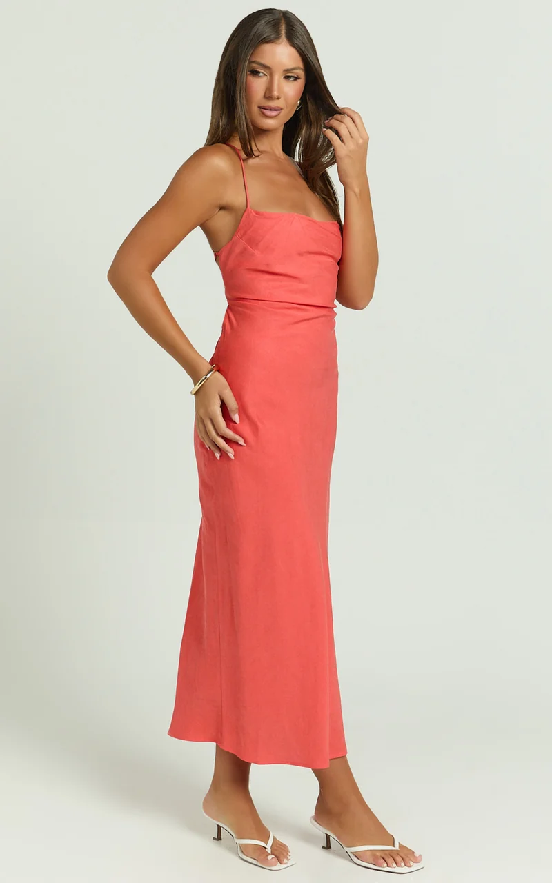 Evangeline Midi Dress - Square Neck Cross Back Bias Dress in Coral