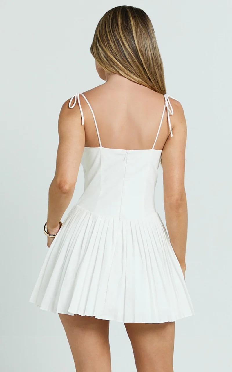 Nicolette Mini Dress - Square Neck Strappy Tie Shoulder Drop Waist Pleated Skirt Dress in Off White