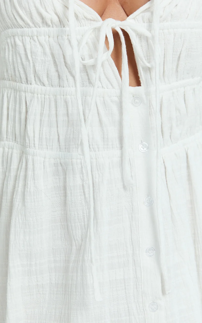 Lucienne Midi Dress - Ruched Button Up Front Dress in White