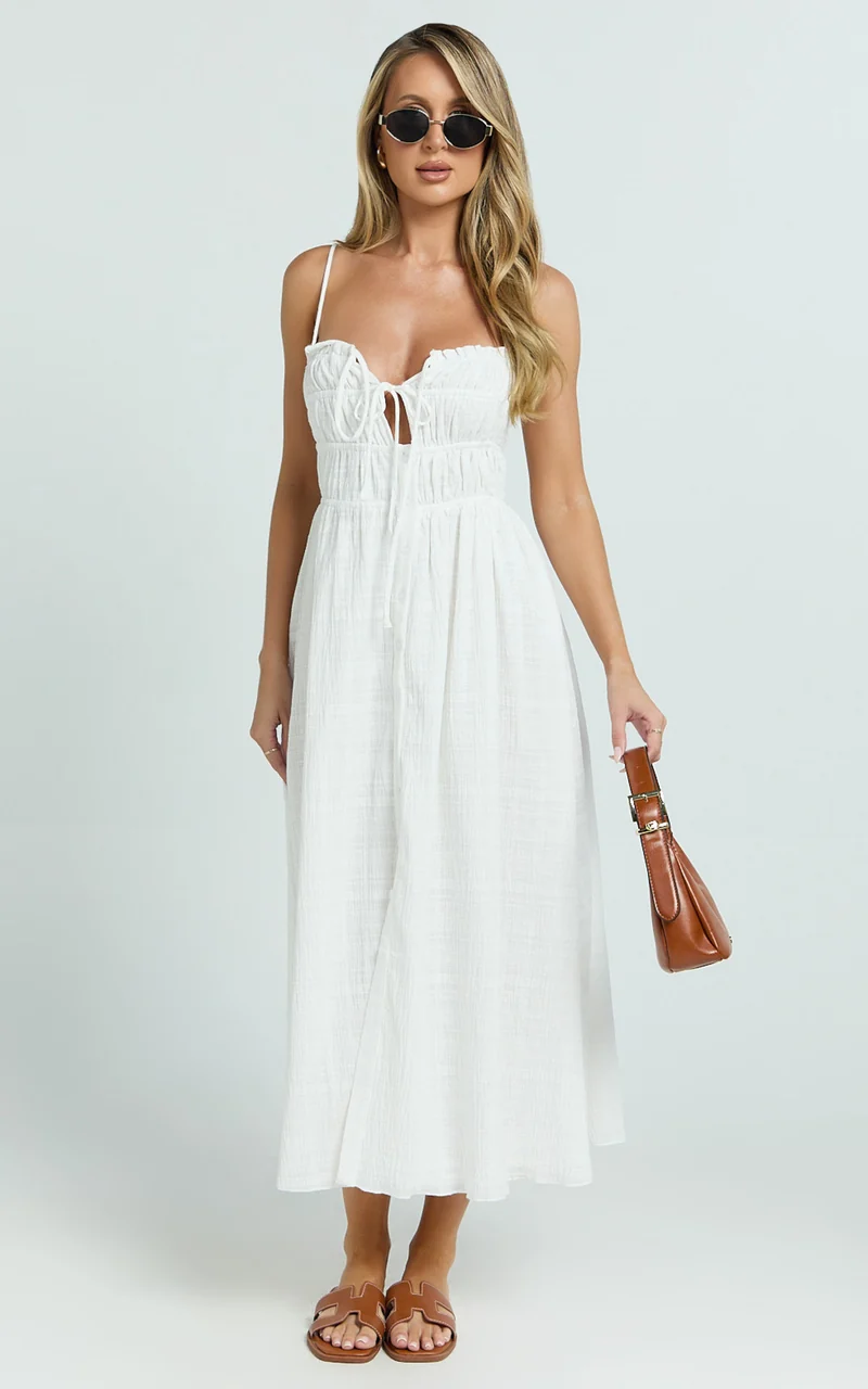 Lucienne Midi Dress - Ruched Button Up Front Dress in White