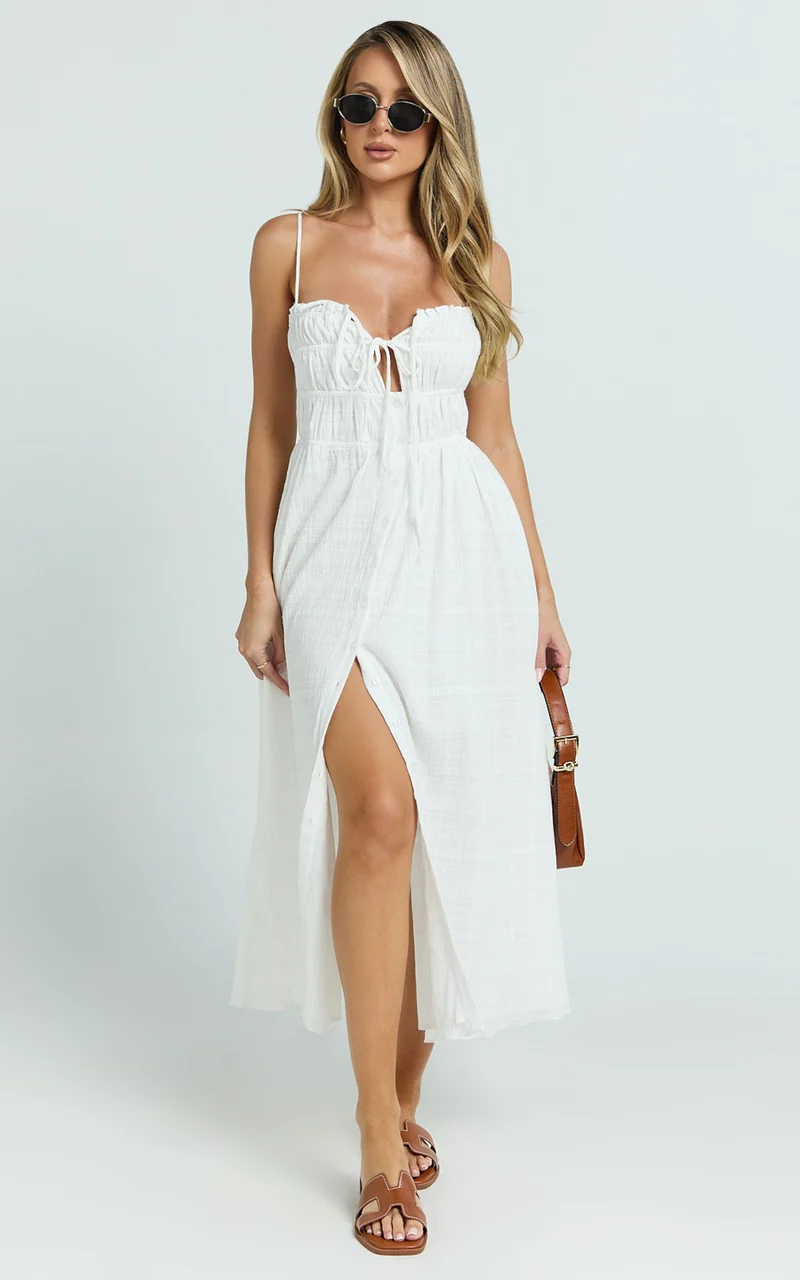 Lucienne Midi Dress - Ruched Button Up Front Dress in White