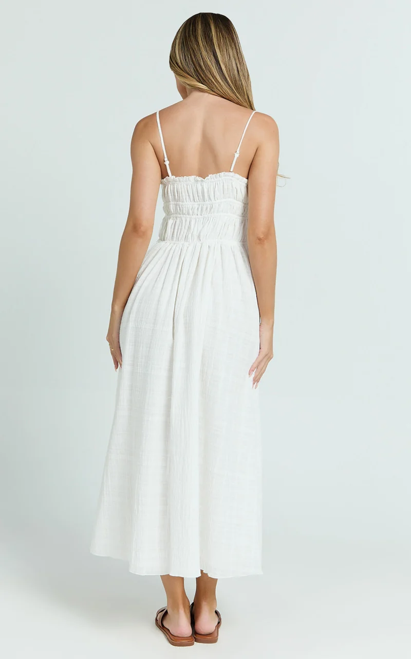 Lucienne Midi Dress - Ruched Button Up Front Dress in White