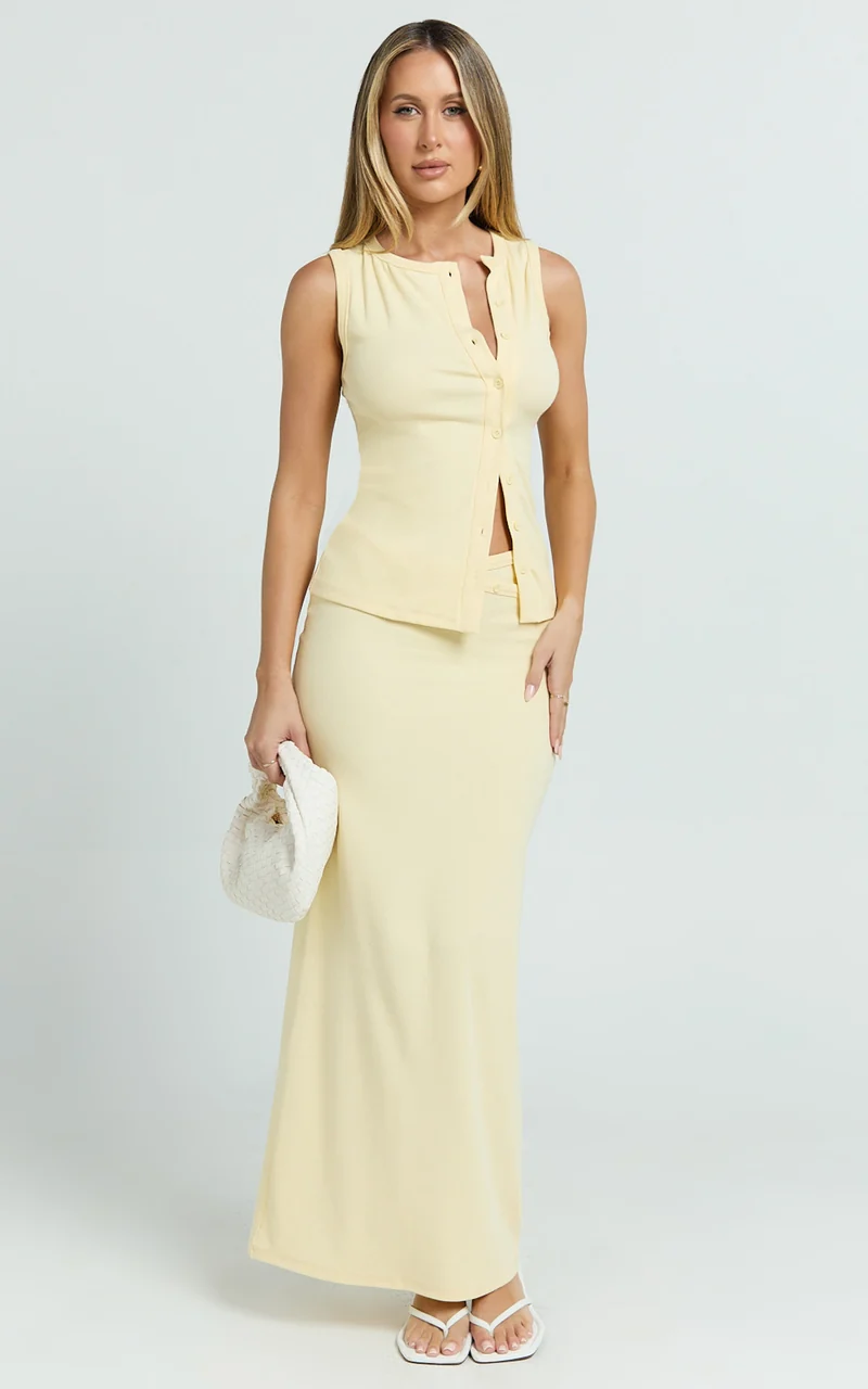 Brittany Two Piece Top and Skirt Set - Ribbed Midi Skirt Set in Yellow