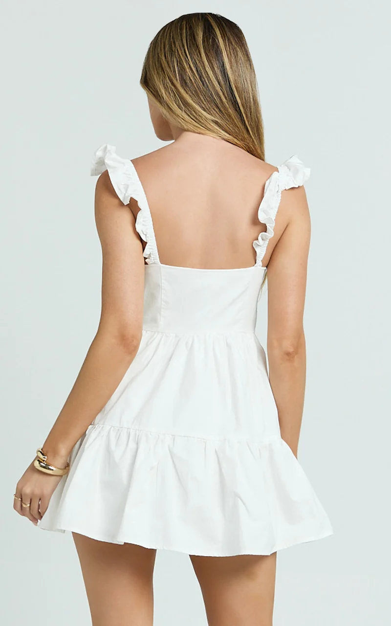 Miles Mini Dress - Ruffle Sleeve Tiered Dress in White
