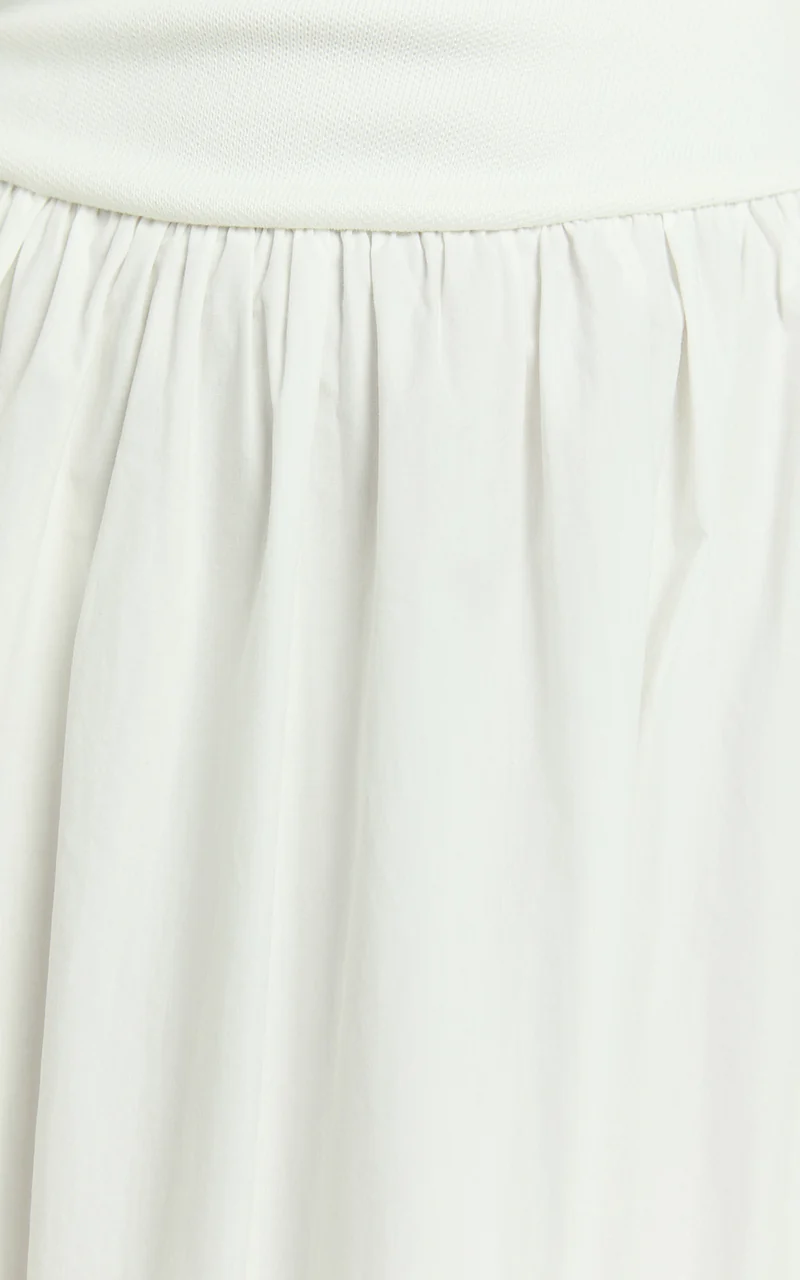 Murphy Midi Dress - Scoop Neck Straight Drop Waist Gathered Skirt Knit And Poplin Dress in White