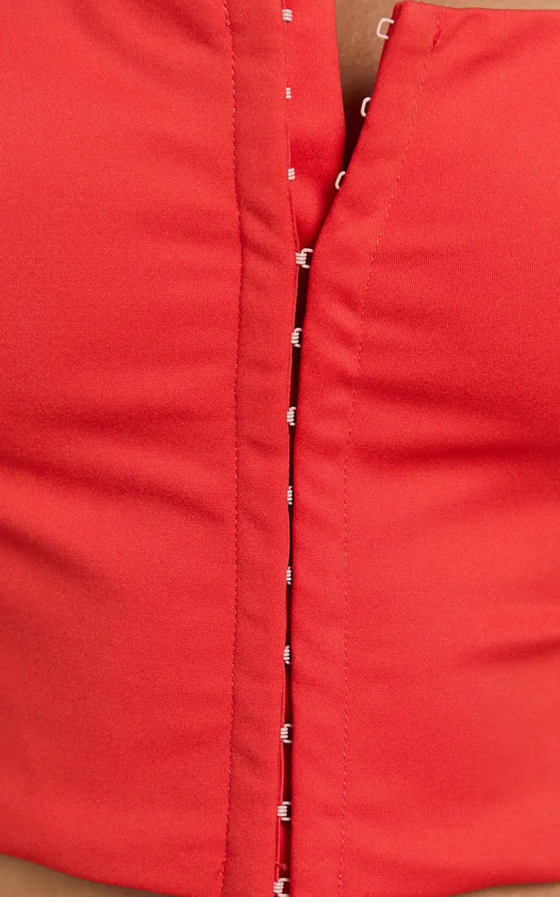Romy Top - Square Neck Halterneck Fitted Hook And Eye Top in Red