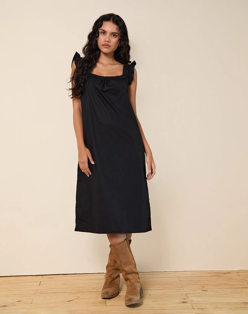 Merrily Smock Midi Dress in Poplin Black