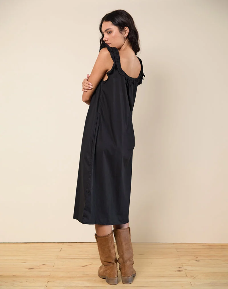 Merrily Smock Midi Dress in Poplin Black