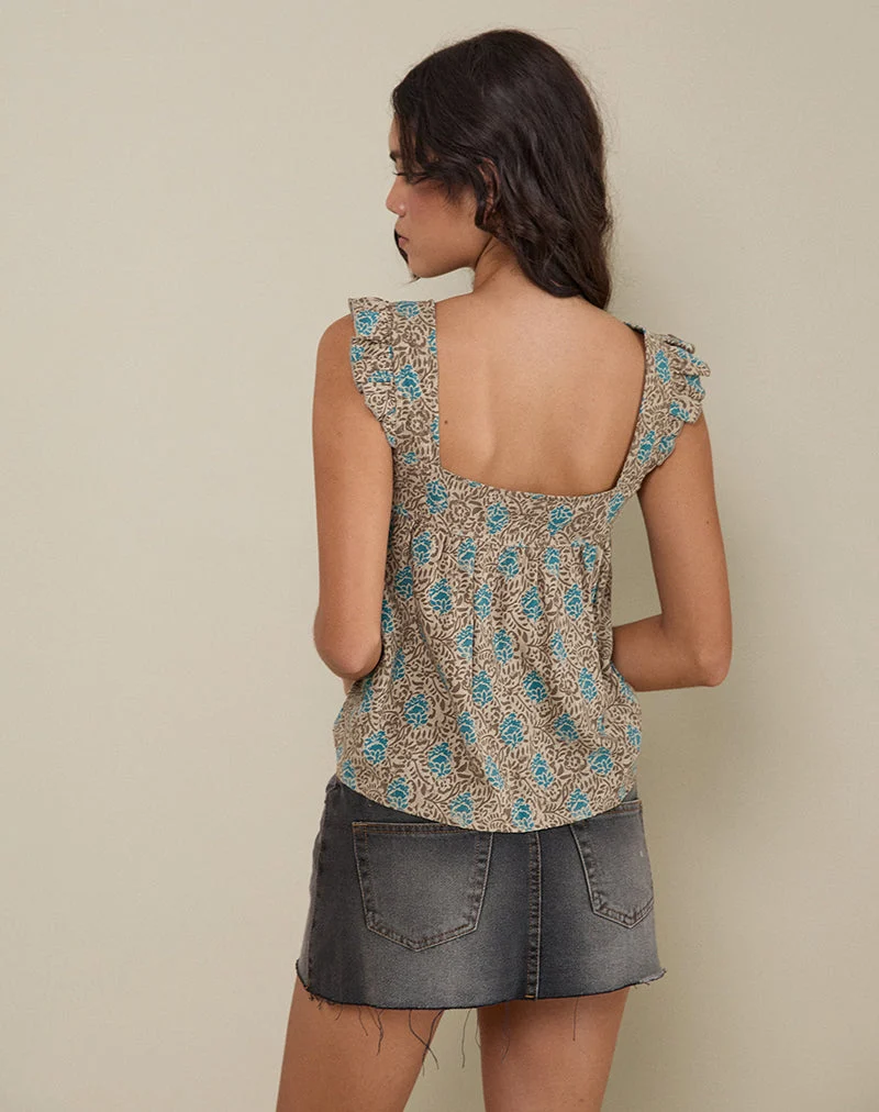 Top Sanula en batik bohémien floral bleu et marron