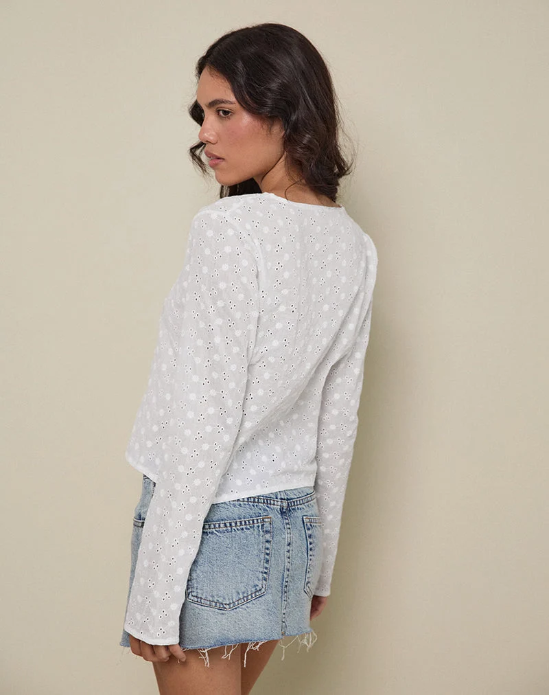 Sewindu Tie Front Long Sleeve Top in Broderie Ivory