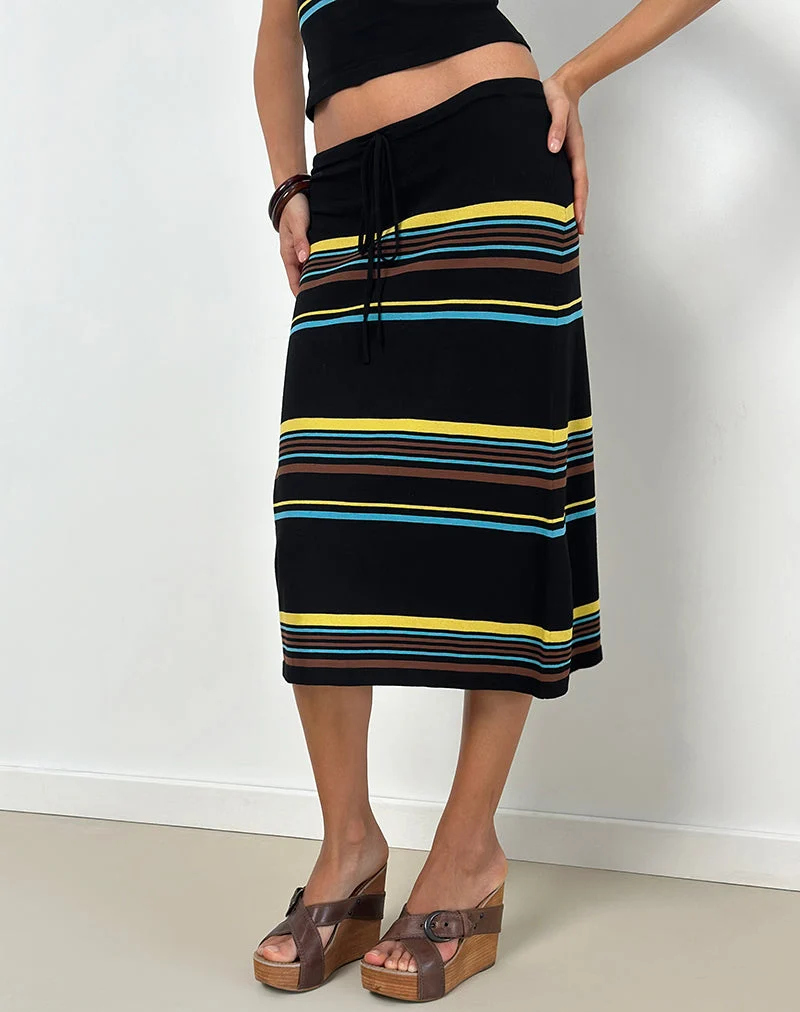 Jupe midi Amalia, noire à rayures marron et bleues