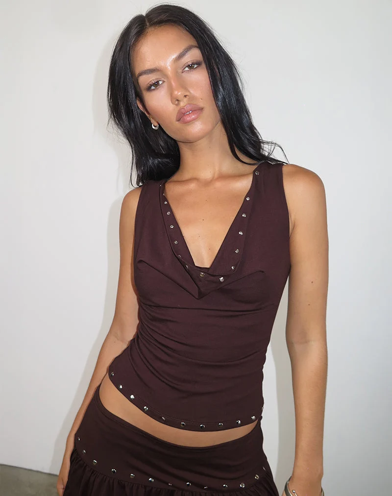 Slater Studded Top in Rayon Jersey Bitter Chocolate