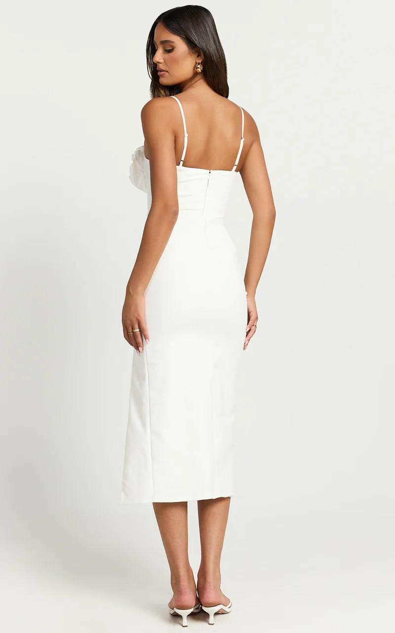 Benji Midi Dress - Ruffle Bodice Fitted Side Split Dress in Off White