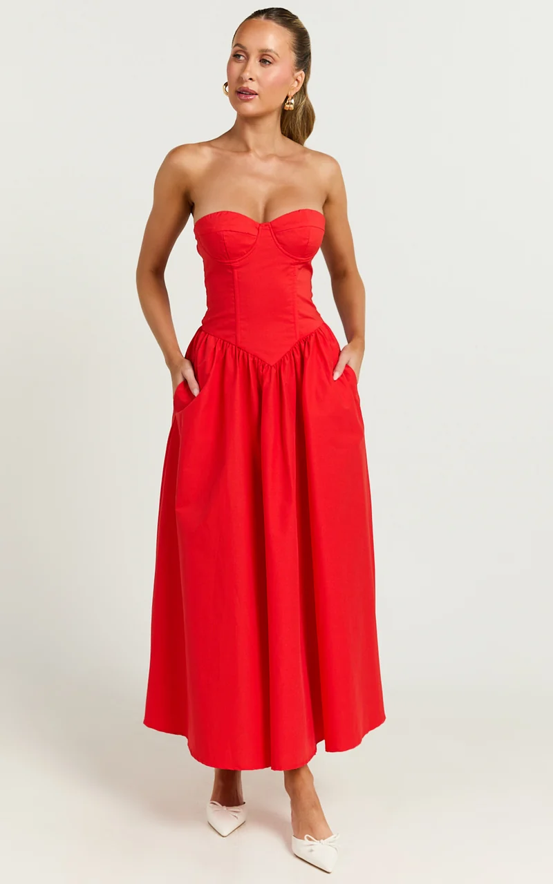 Daria Midi Dress - Strapless Corset Gathered Dress in Red