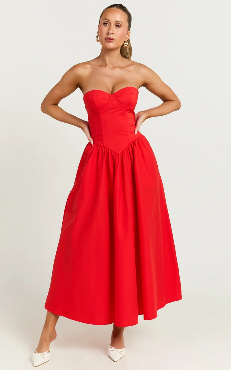 Daria Midi Dress - Strapless Corset Gathered Dress in Red