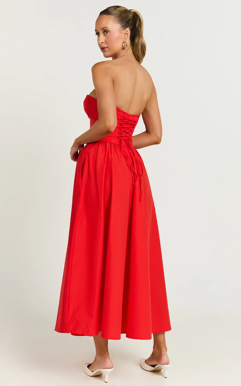 Daria Midi Dress - Strapless Corset Gathered Dress in Red