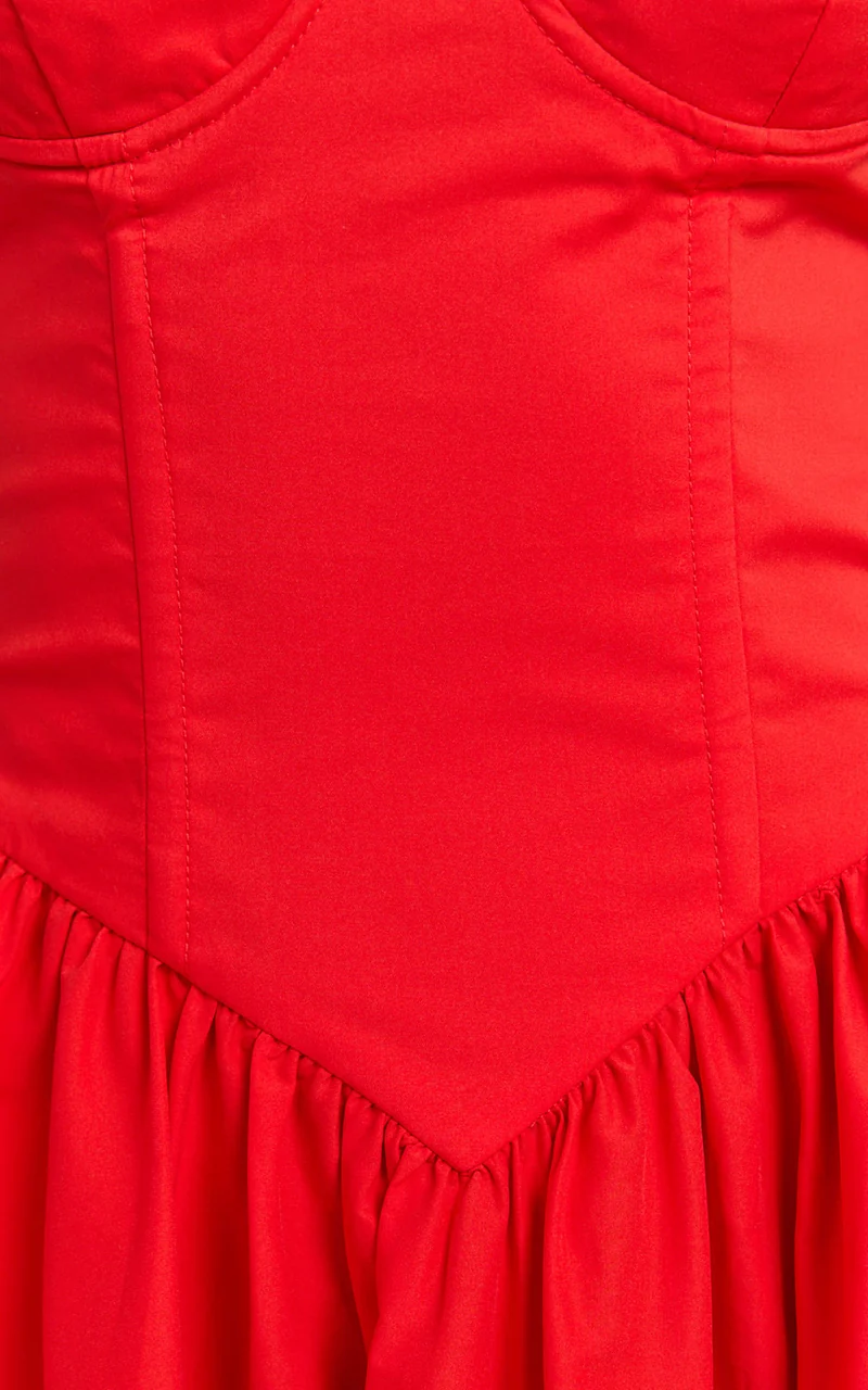 Daria Midi Dress - Strapless Corset Gathered Dress in Red