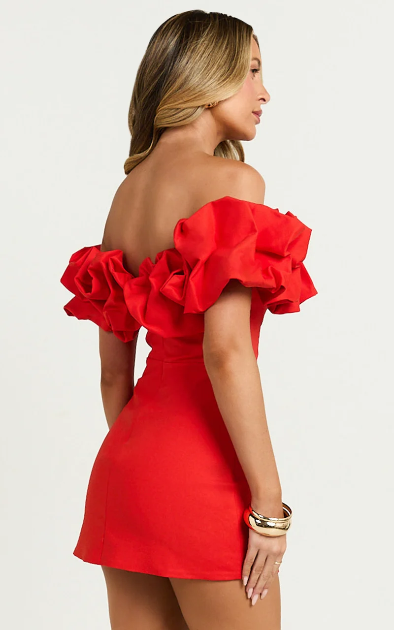 Coraline Mini Dress - Ruffle Off Shoulder Fitted Dress in Red