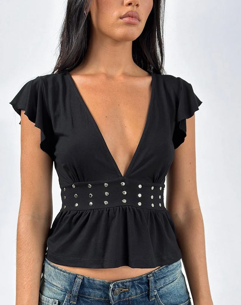Leisma Frill Top in Jersey Black with Studs (Top à volants en jersey noir avec clous)