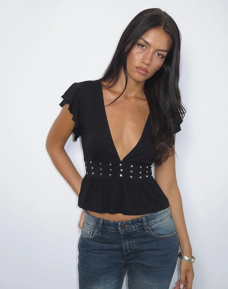 Leisma Frill Top in Jersey Black with Studs (Top à volants en jersey noir avec clous)