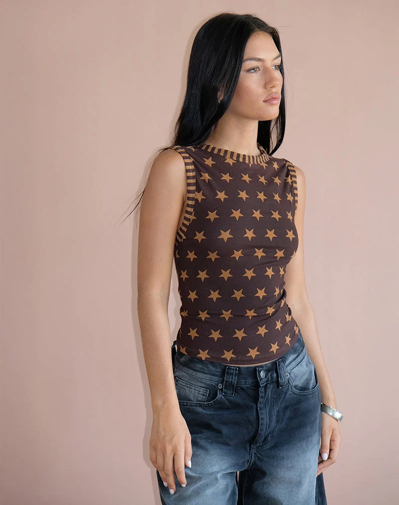Haleen Top in Brown Star Stripe with Binding (Haut de forme en marron à rayures étoilées)