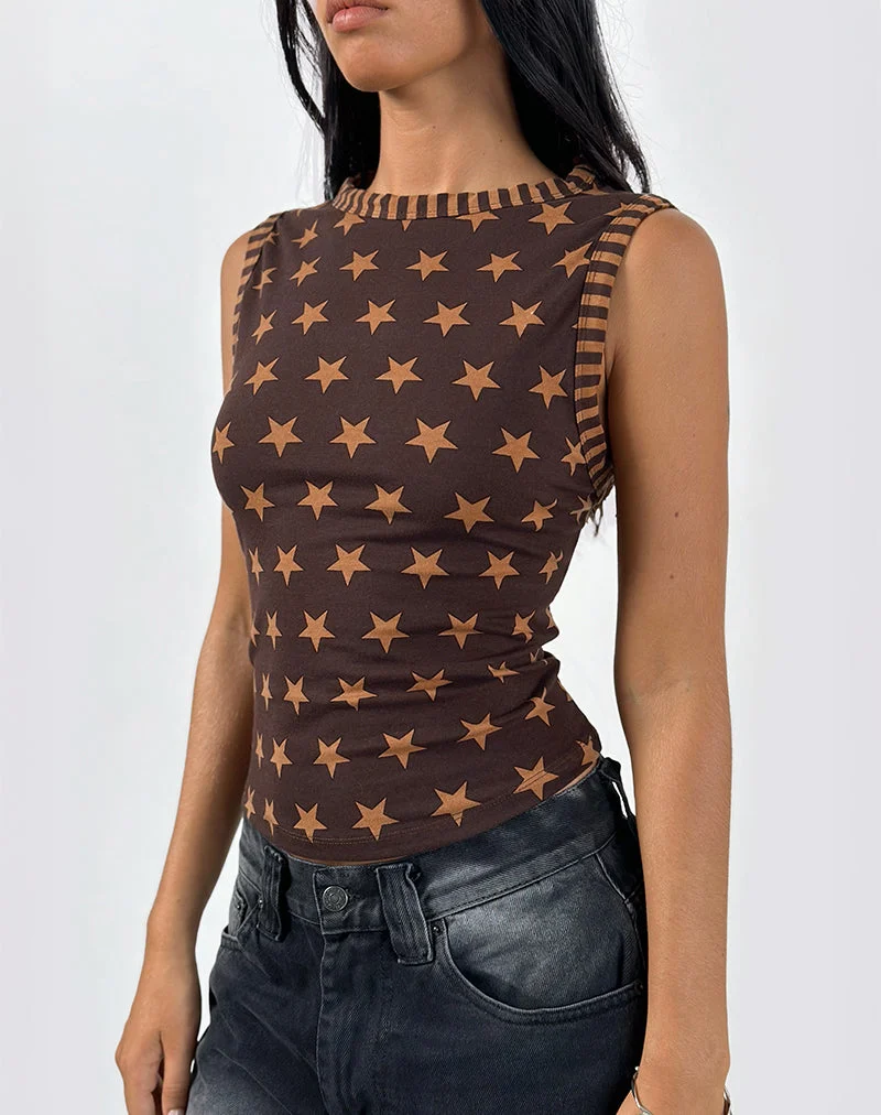 Haleen Top in Brown Star Stripe with Binding (Haut de forme en marron à rayures étoilées)