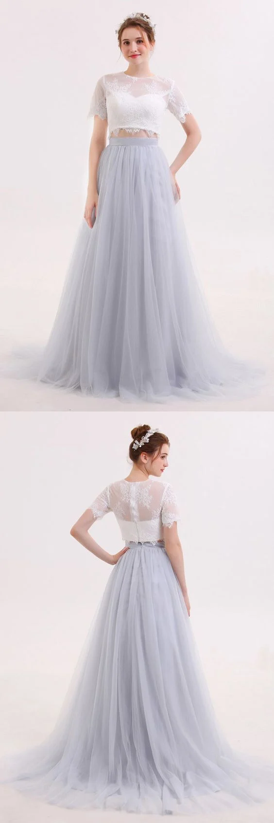 Robe de mariée deux pièces avec jupe longue en tulle et haut court en dentelle