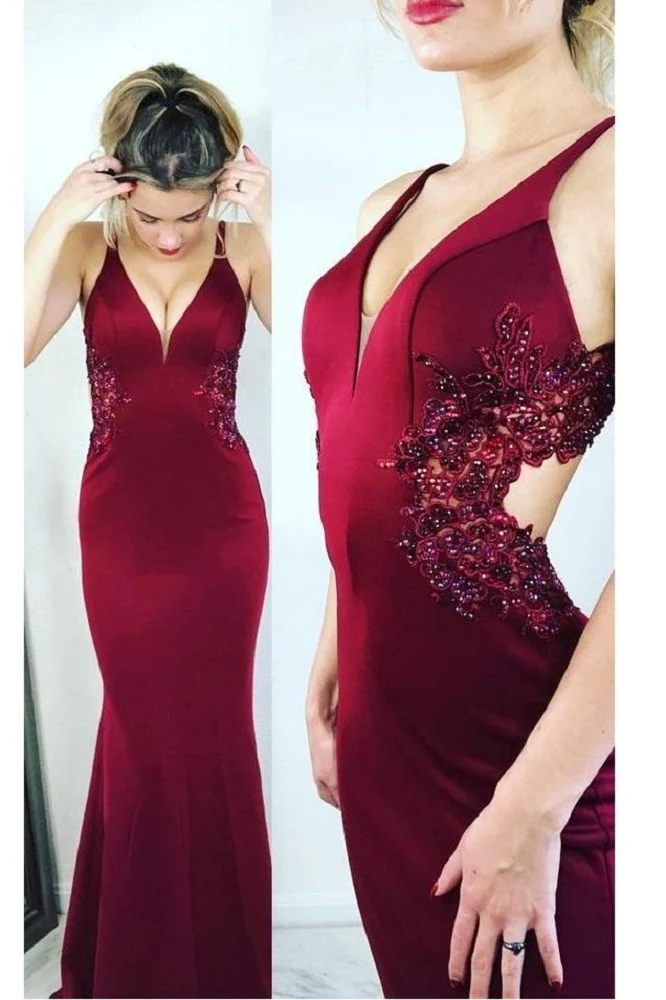 Achetez une robe de bal sirène rouge avec des appliques de dentelle délicates à la taille
