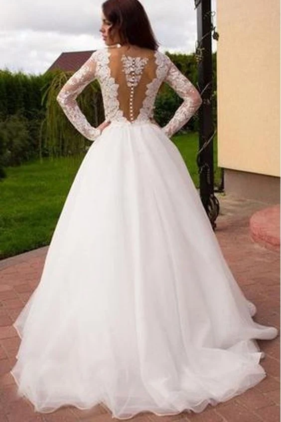 Robe de mariée formelle de célébrité en dentelle transparente à manches longues