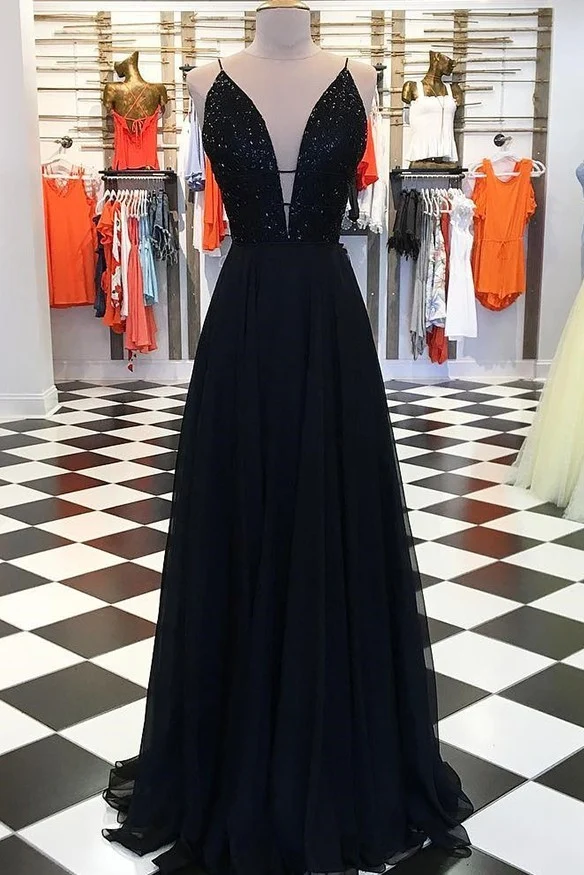Robe de bal trapèze noire à paillettes et col en V scintillant