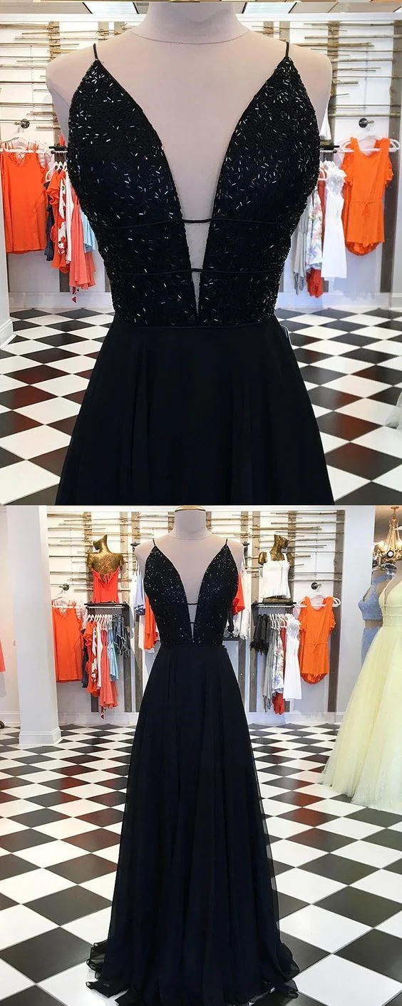 Robe de bal trapèze noire à paillettes et col en V scintillant