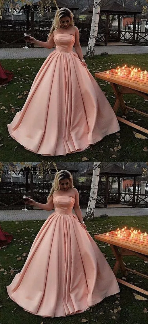 Robe de bal longue en satin rose blush, coupe droite, coupe trapèze, unie | Robe de danse de remise des diplômes