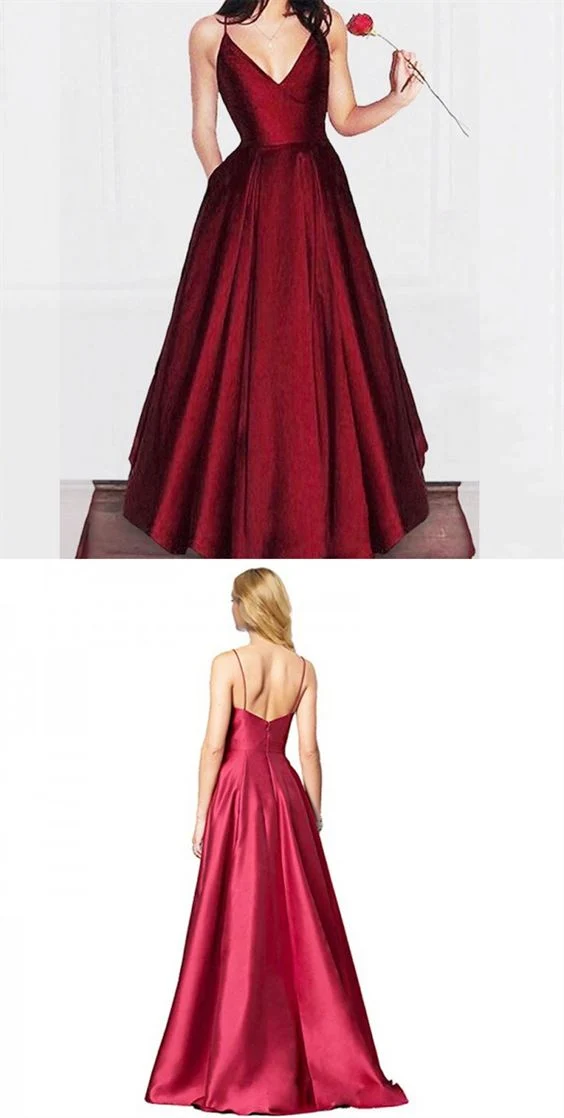 Robe de bal Vintage bordeaux, col en V, longue ligne a, bretelles Spaghetti, robe d'occasion Simple