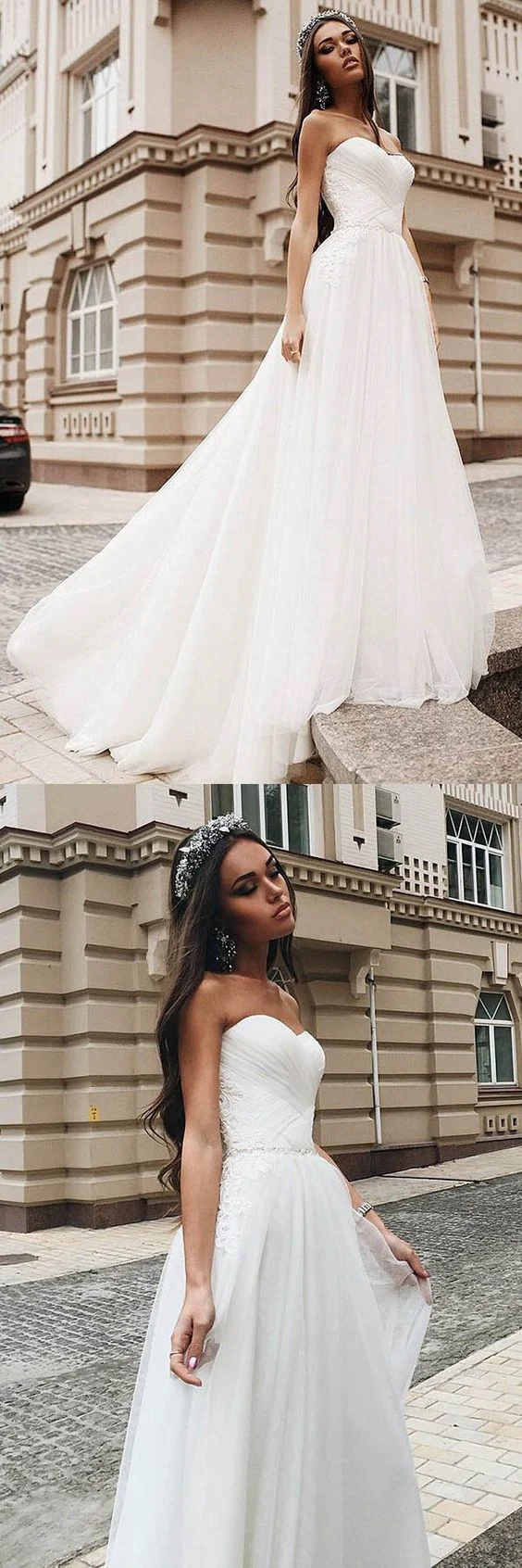 Robe de mariée trapèze simple et sans bretelles en tulle élégante longueur au sol