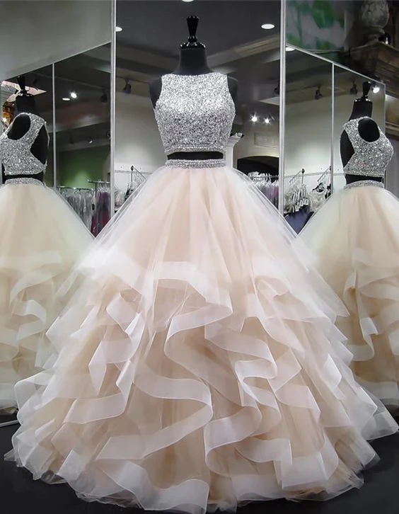 Haut court éblouissant jupe à volants princesse robe de bal deux pièces longue robe de bal