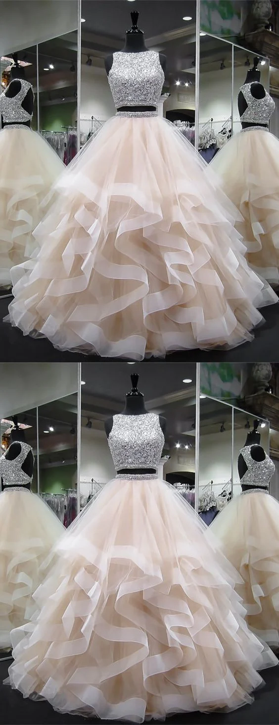 Haut court éblouissant jupe à volants princesse robe de bal deux pièces longue robe de bal