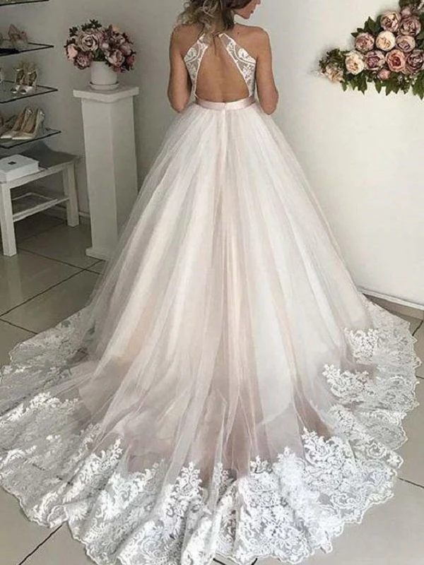 Robe de mariée d'automne en tulle, dos ouvert, col en V plongeant, robe de bal avec ourlet en dentelle