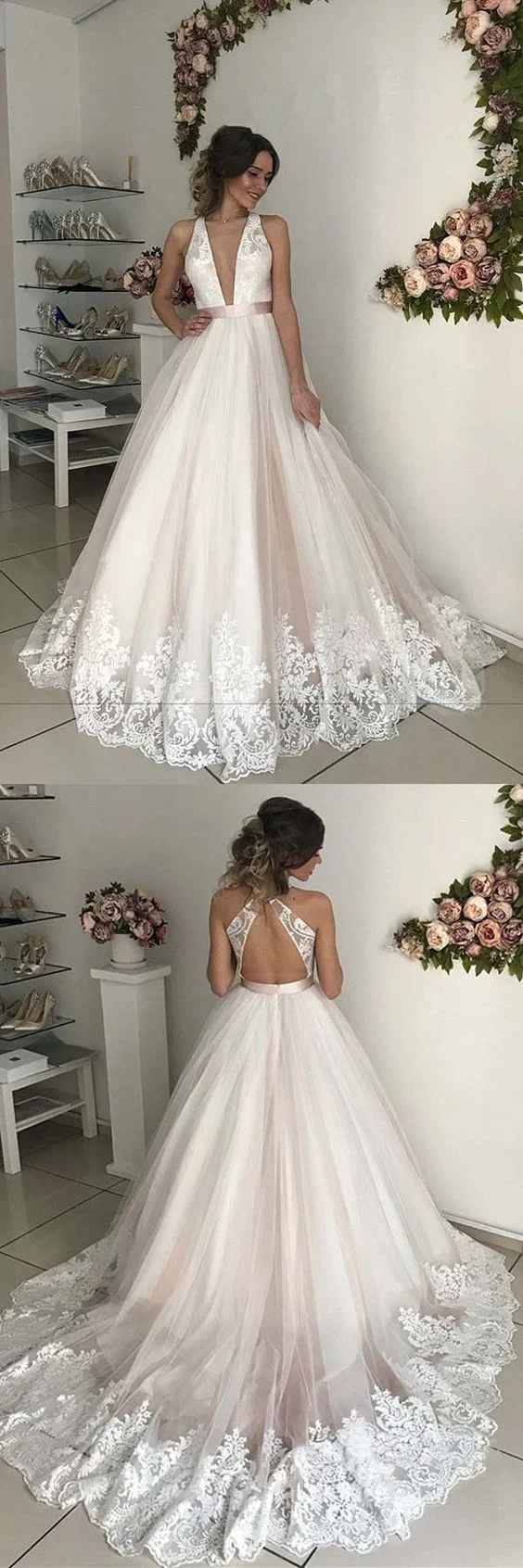 Robe de mariée d'automne en tulle, dos ouvert, col en V plongeant, robe de bal avec ourlet en dentelle
