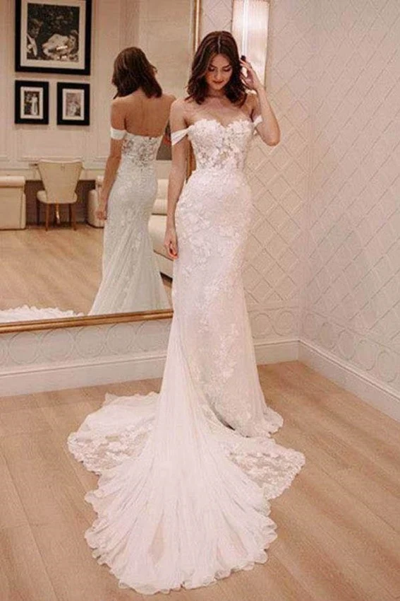 Robe de mariée de célébrité en dentelle, épaules dénudées, transparente, fourreau
