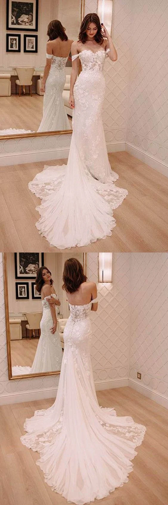 Robe de mariée de célébrité en dentelle, épaules dénudées, transparente, fourreau