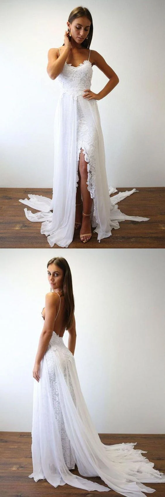 Robe de mariée bohème en mousseline de soie, bretelles spaghetti, fente latérale