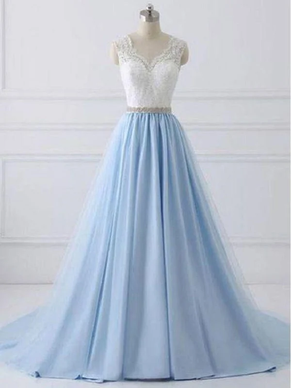 Robe de bal longue bleue élégante avec haut en dentelle blanche | Robe formelle du lycée