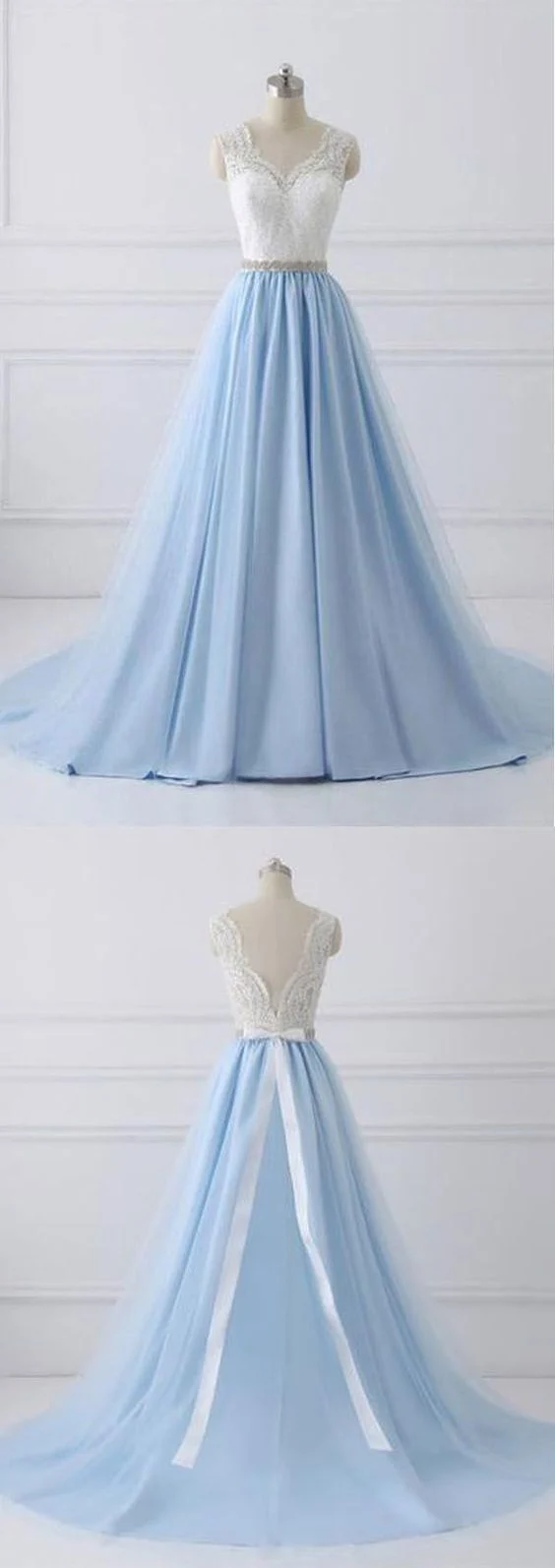 Robe de bal longue bleue élégante avec haut en dentelle blanche | Robe formelle du lycée