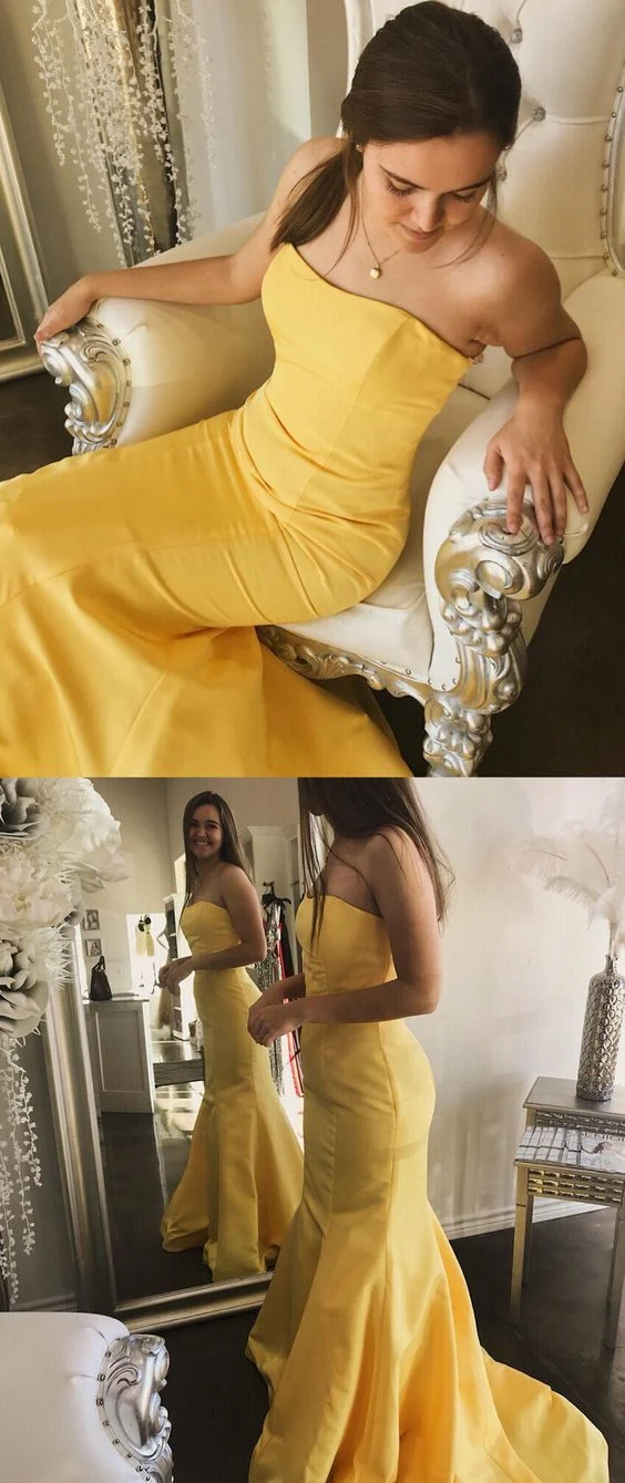 Robe de bal longue en satin sirène, sans bretelles, simple, unie, jaune