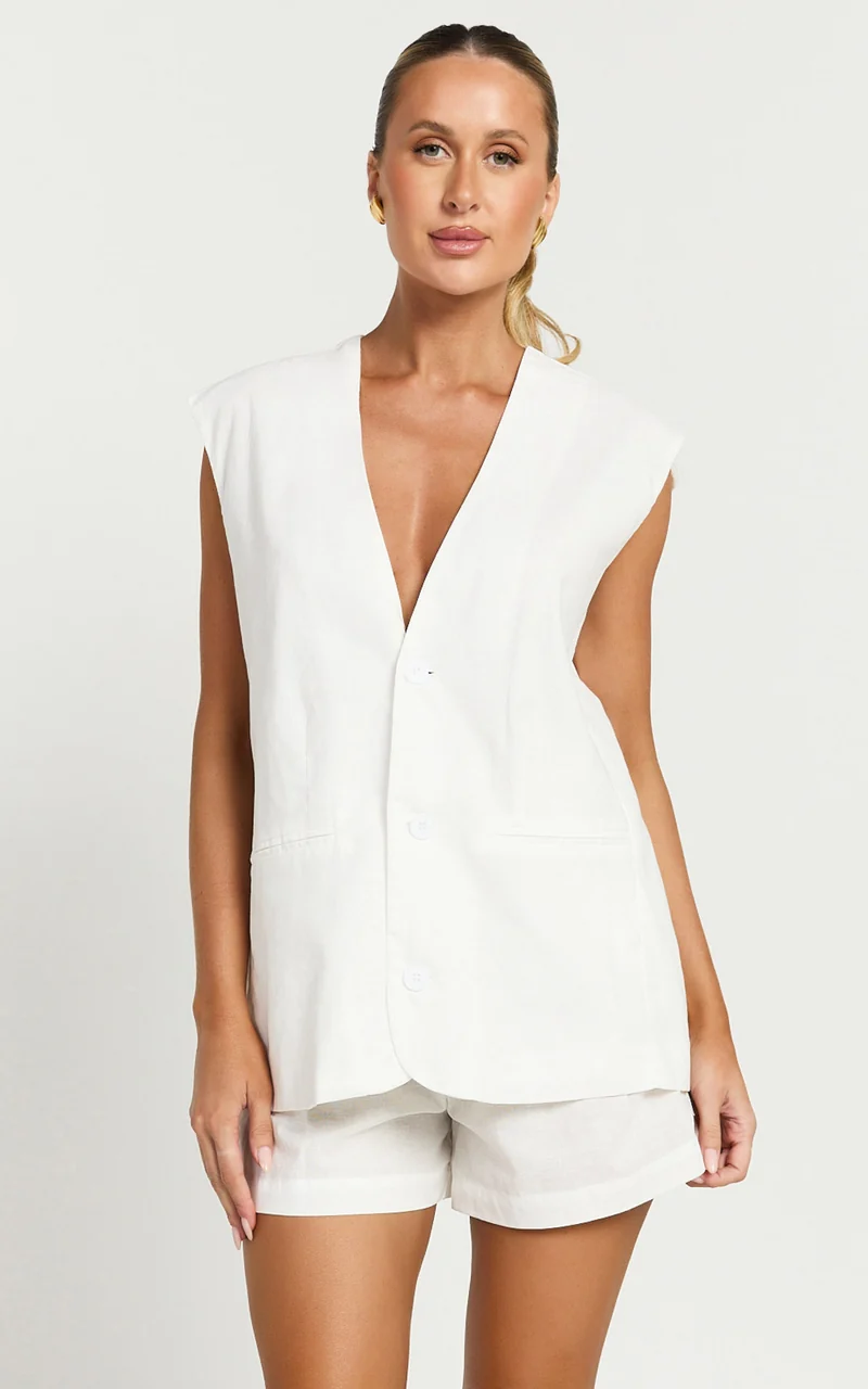 Marlee Two Piece Set - Linen Button Through Vest and Shorts Set in White