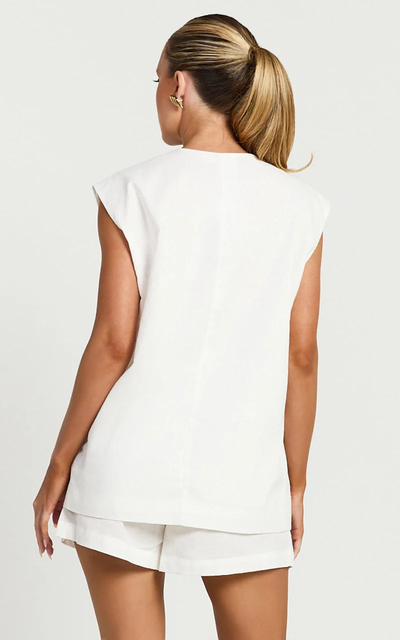 Marlee Two Piece Set - Linen Button Through Vest and Shorts Set in White