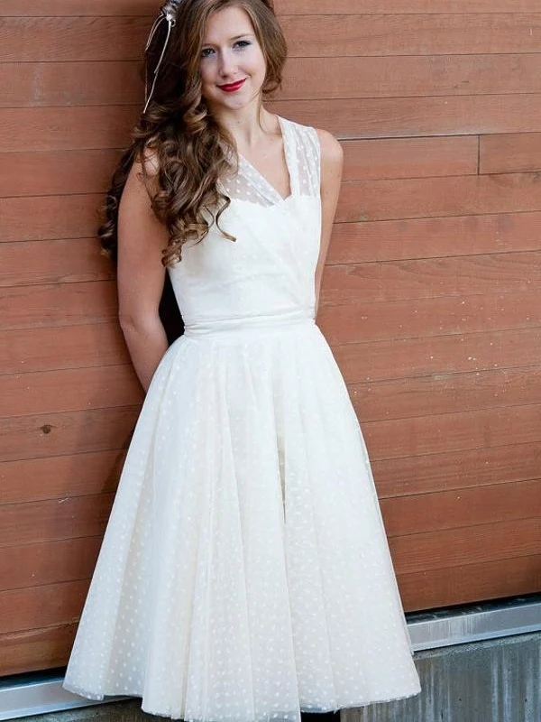 Robe de mariée courte à col en V et à pois Rockabilly