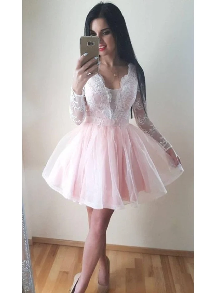 Jolie robe de bal courte rose à manches longues | Robe de danse formelle de 8e année